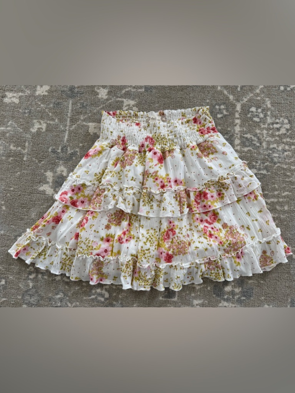 Altar'd State White Mini Skirt with Pink & Green Floral Print